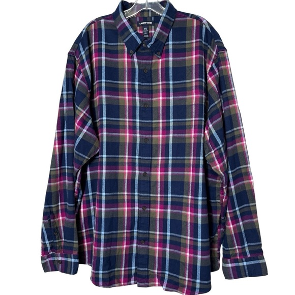Lands’ End XXL Plaid Flannel Shirt – Navy Pink Olive 100% Cotton - Picture 1 of 9